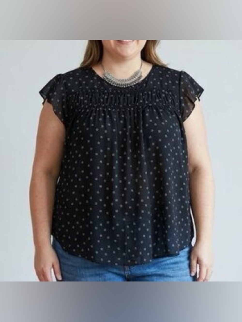 Zac & Rachel | Navy Blue Top w White Dotted Floral Print